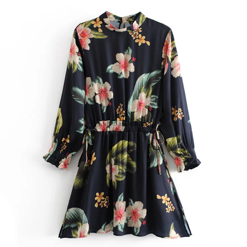 

Women O-Neck Floral Print Playsuits Long Sleeve Elastic Waist Cuff Female Retro Rompers FFZKZ24