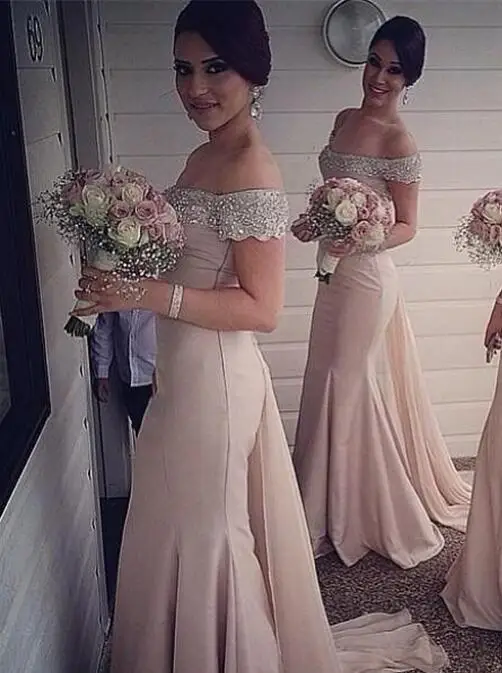 Розовые дешевые платья подружек невесты до 50 Русалка с открытыми плечами шифоновые длинные, обшитые бисером Свадебные платья для женщин - Цвет: same as the photo