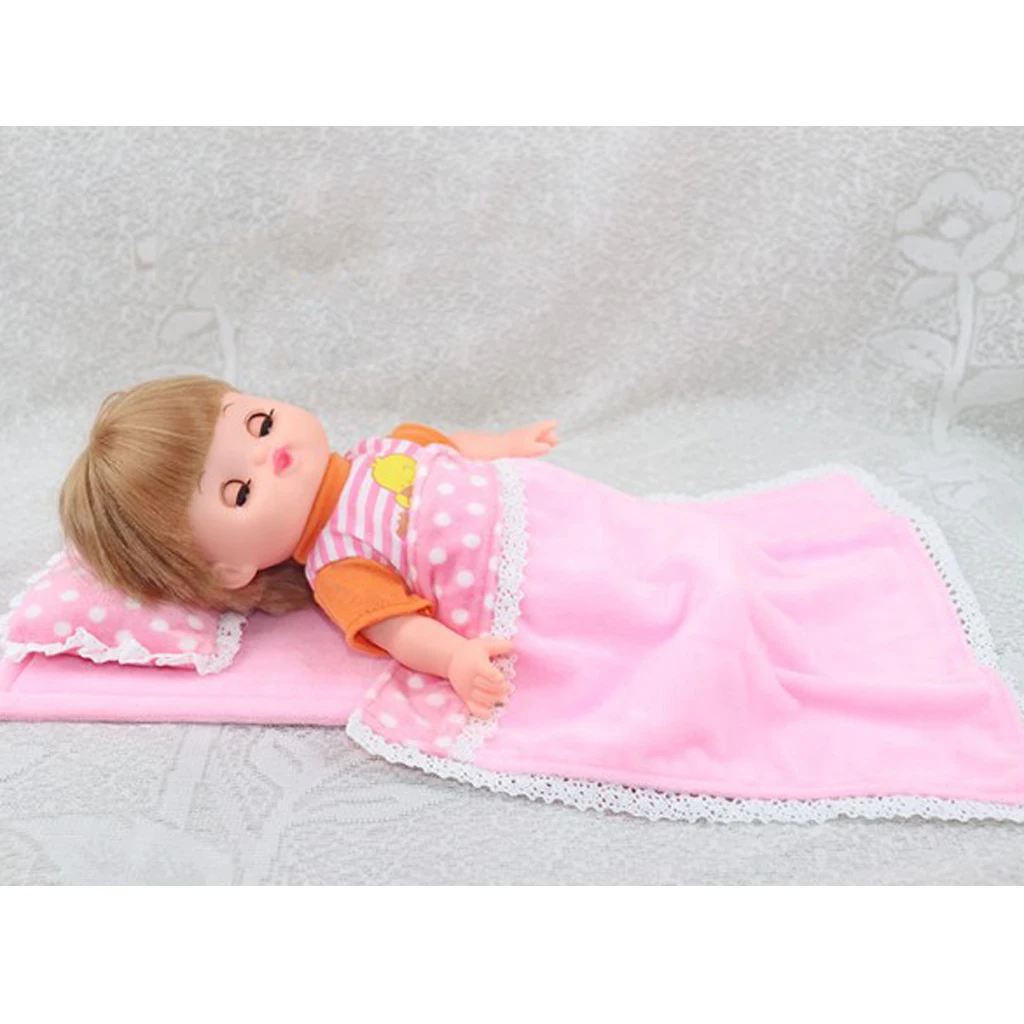 Handmade Pink Dotted Bedding Set with Comforter, Pillow and Sheet for 25cm Mellchan Dolls Accesssory