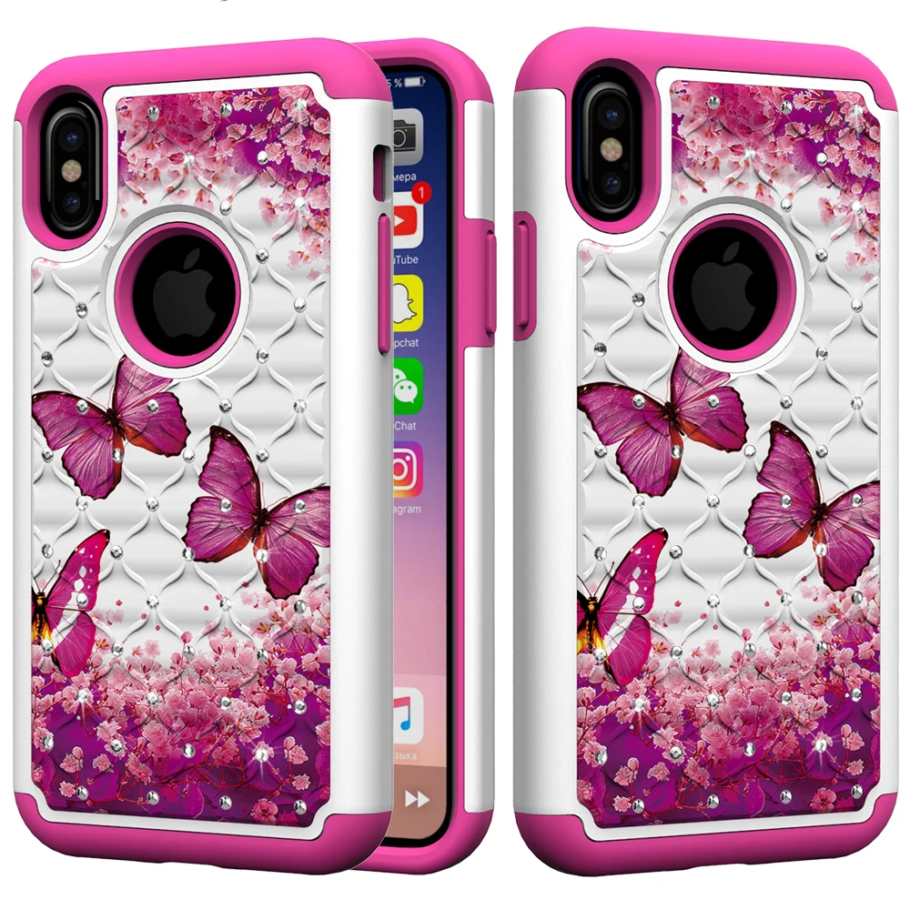 

LUCKBUY Luxury Fundas Cases For iPhone X 6 7 8 Plus 6sPlus XS XR Max Printed Bling Butterfly Flower 2 in 1 PC + Silicone Case