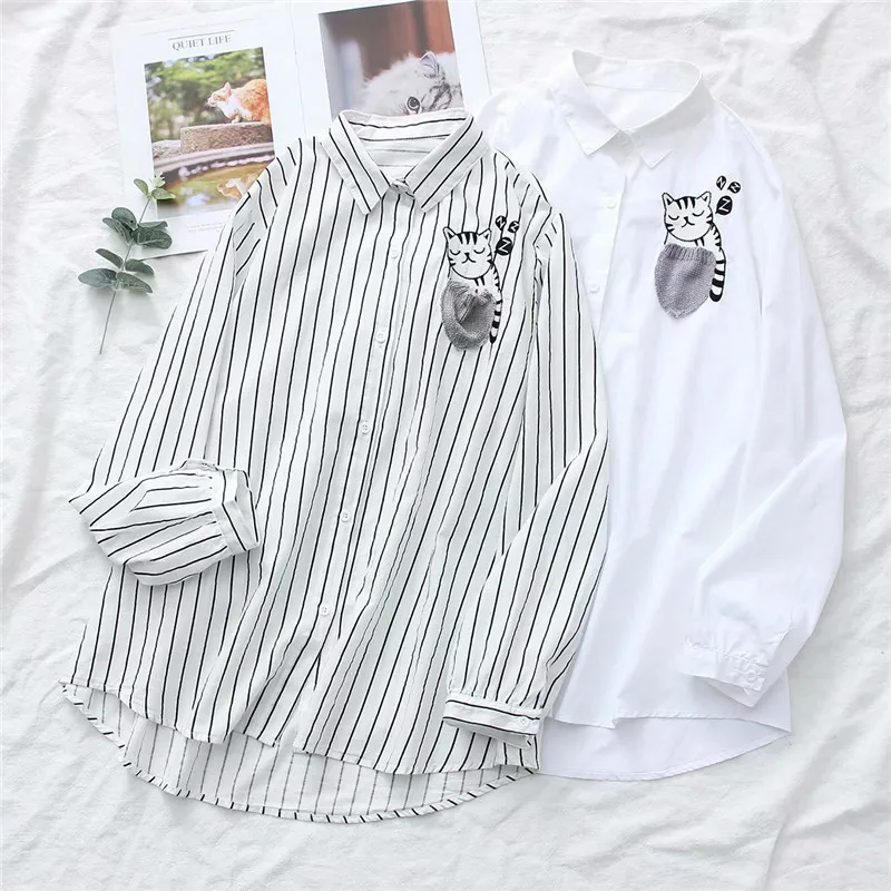 

women vintage cartoon cat shirt 2019 girls autumn spring Japanese style long sleeve turndown collar cat blouse tops ZY4440