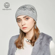 Andybeatty, женская зимняя шапка, мех кролика, шерсть, вязаная шапка, женская шапка с цветочным узором, шапки для женщин, шапочки