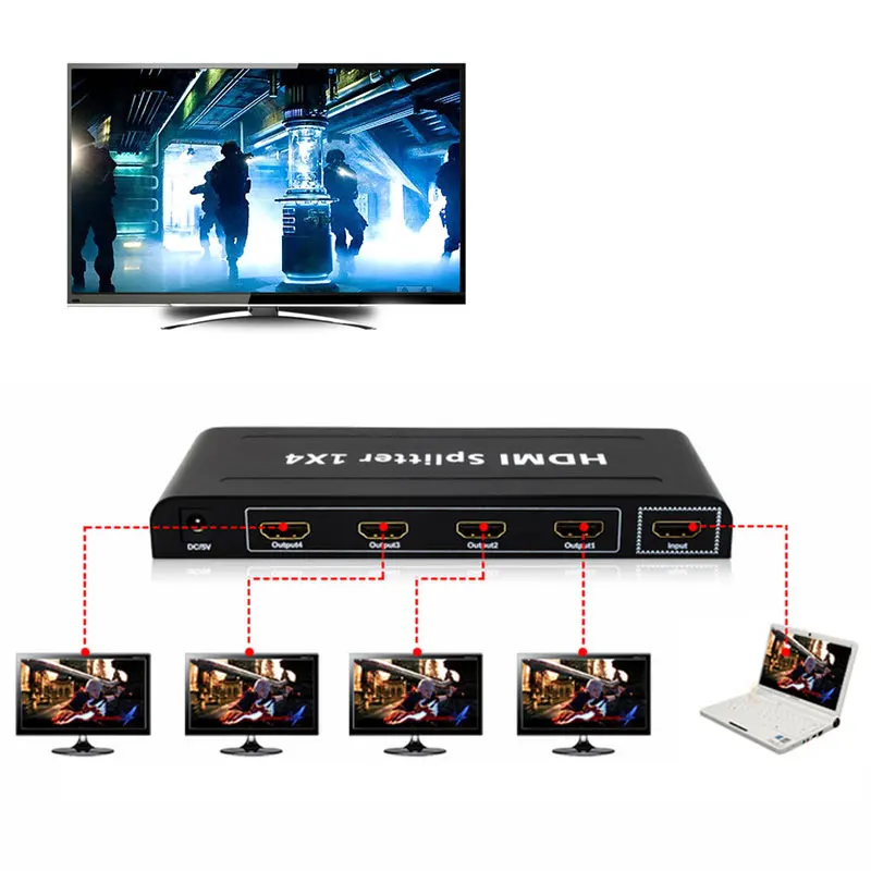

4 Port HDMI Splitter 1 in 4 out Audio Video v1.3b 1080p 1x4 4k HDMI Splitter Amplifier For HD TV PS3 3D