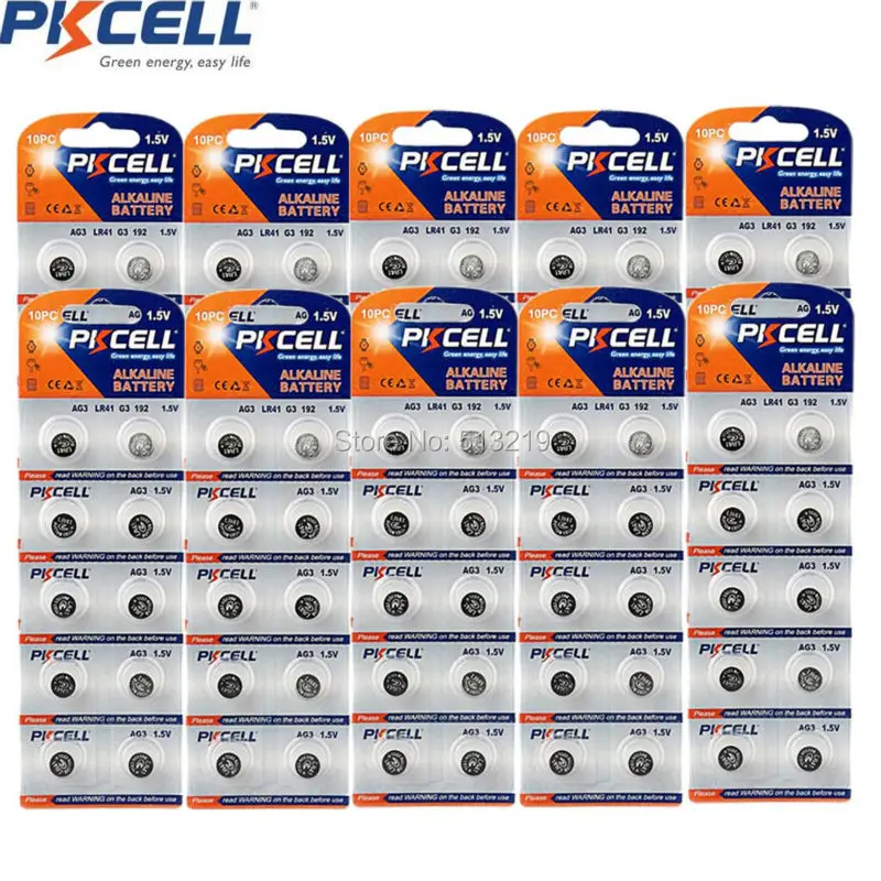 

100Pcs/10Card PKCELL AG3 LR41 battery LR192 V3GA SR41 192 392 SR736 1.5V Alkaline Button Coin Watch Battery G3 Batteries