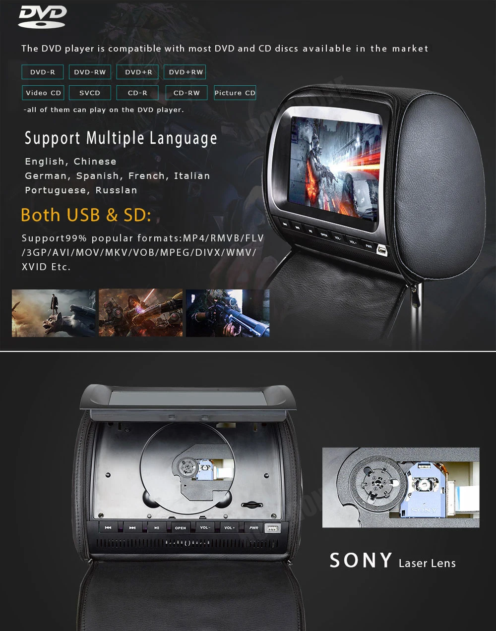 Roverone 2 шт. x 9 дюймов Мониторы подголовник автомобиля dvd-плеер HD 1080 P видео цифровой Сенсорный экран молнии Обложка USB SD + 2 ИК-наушники