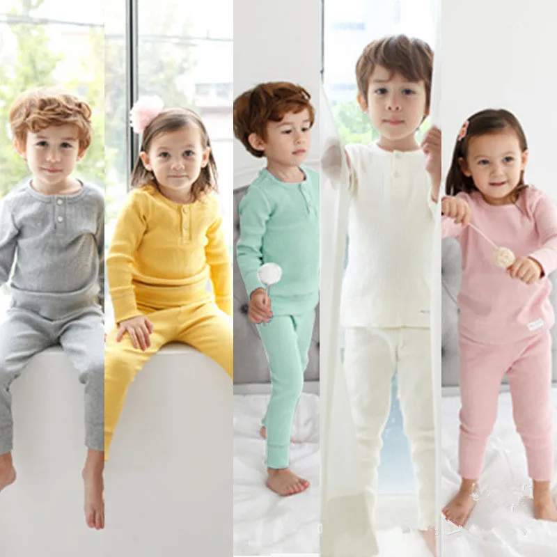 

New Children Clothing Sets Cotton Solid Color Keep Warm Pajama Set Spring Autumn Long Sleeve O-Neck Sleepwear+Pants Home