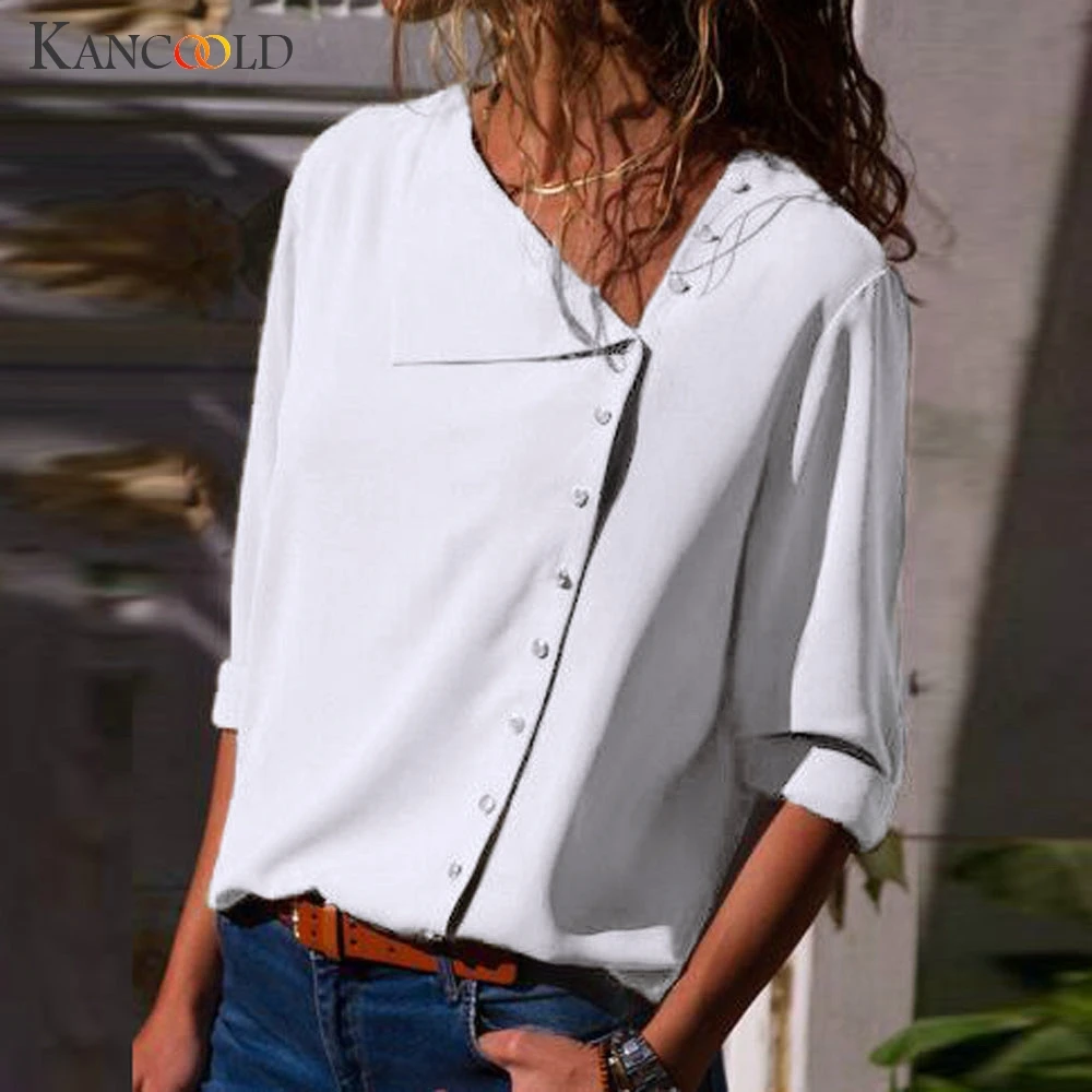 Chemisier en mousseline 2018 Mode A Manches Longues Femmes блузки и топы Skew Col Solide Bureau Chemise повседневные Blusas |