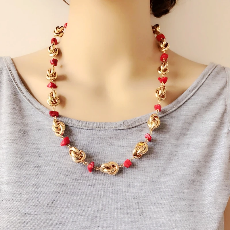 Free Shipping New Fashion Gold Knot Red Natural Stone Necklacein