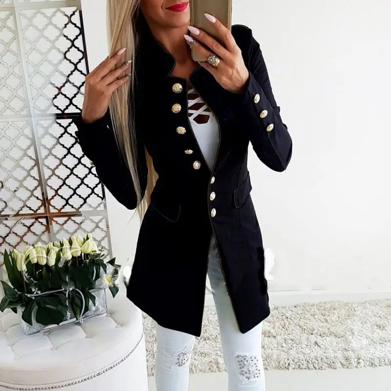 price reduction  Runway Style Women's Gold Buttons Double Breasted Jacket Solid Outerwear Slim Fit Coat