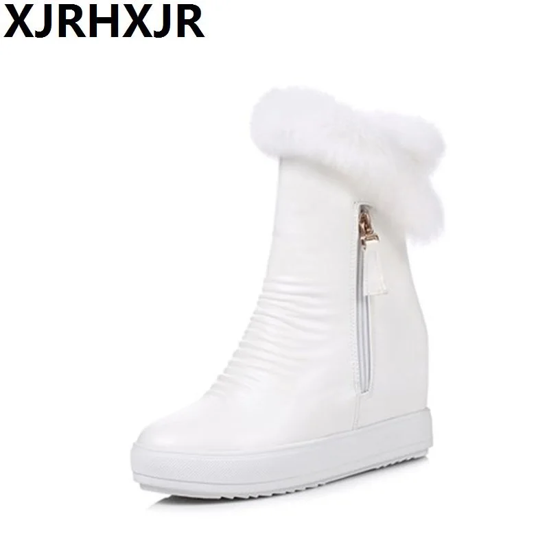 

XJRHXJR Pu Material Winter Warm Faux Fur Snow Fashion Solid Ankle Boots Casual Women Flat Platform Shoes Woman Hidden Heels