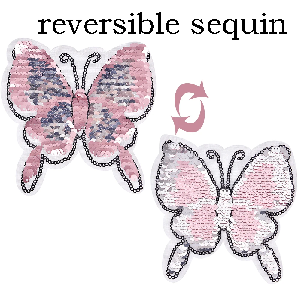 Pink Butterfly Reversible change color butterfly Sequins Sew On Patches for clothes DIY Patch Applique Bag Clothing Coat Crafts