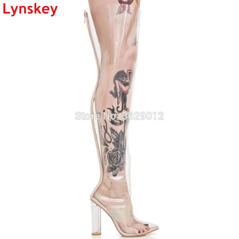 

Lynskey Hot Selling PVC Over The Knee Boots Pointed Toe Crystal Heel Transparent Women Boots Clear High Heels Rainboots