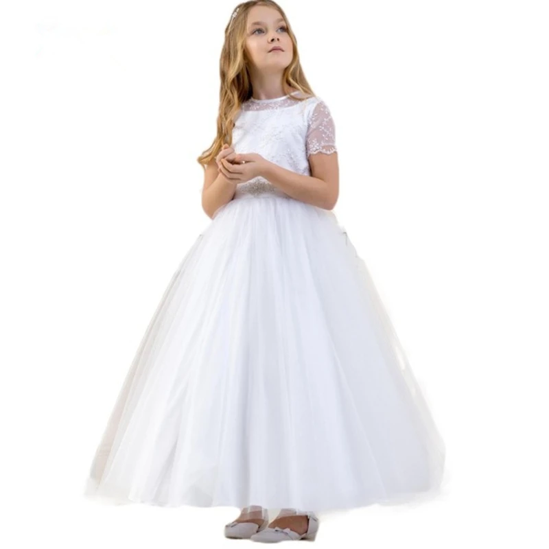 Кружевные платья с короткими рукавами и цветочным узором для девочек, модные дизайнерские белые тюлевые платья трапециевидной формы с
