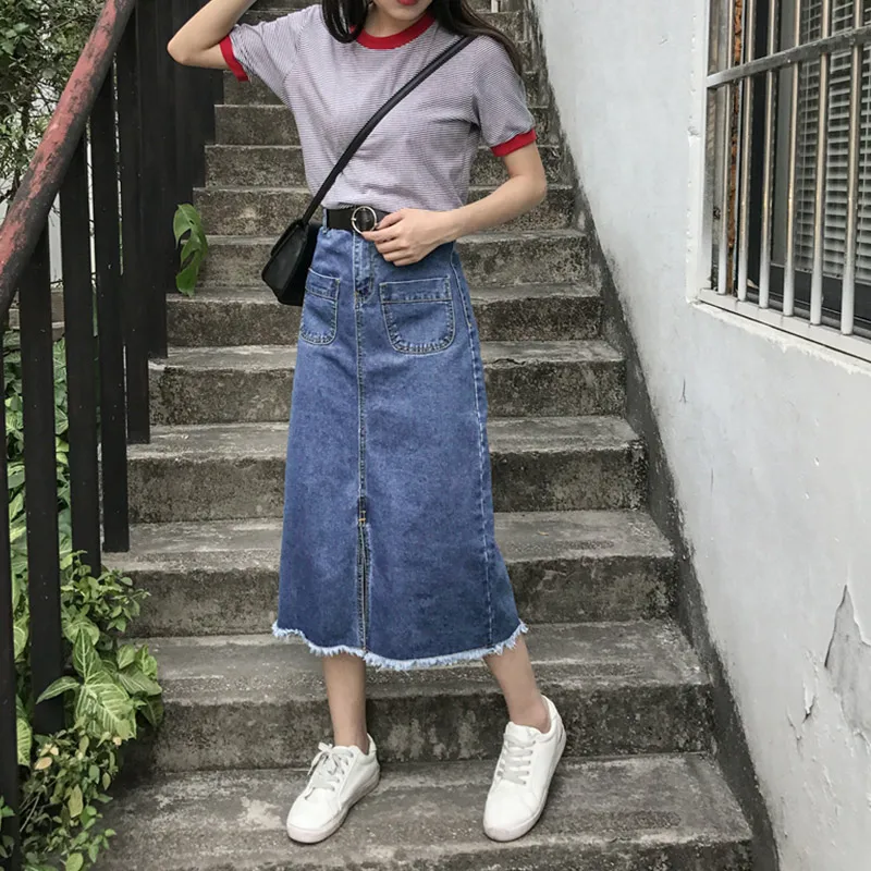 

Jeans Split Fringe Women's Midi Skirt High Waist Tassel Denim Straight Skirts 2019 Spring Summer Fashion Korean Lady Clothes