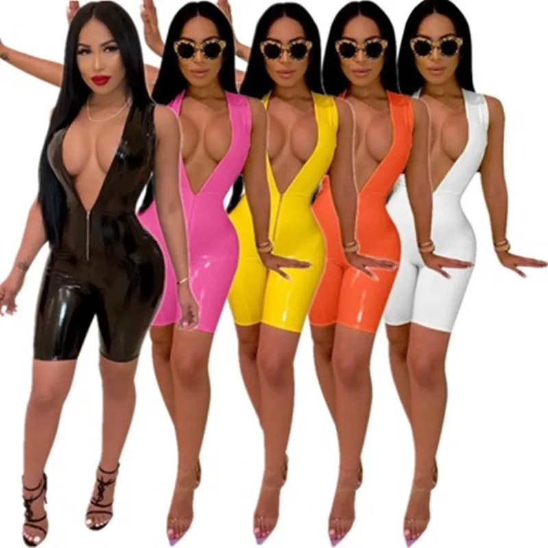 

2019 new summer women bright leather zipper up v-neck sleeveless bodycon knee length jumpsuit sexy playsuit romper outfit p8265