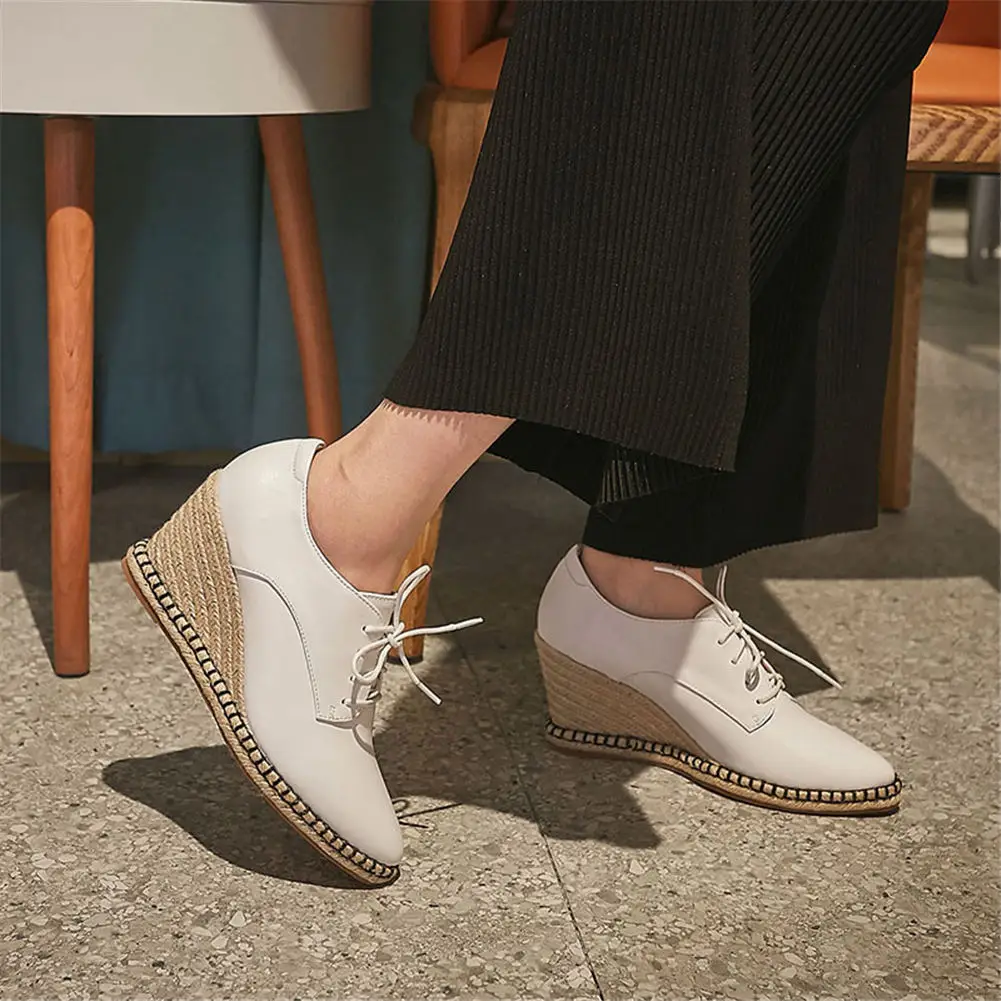 

Brand Design Genuine Leather Wedges Woman Shoes Girls Lace Up Straw Elegant High Heels Office Lady Shoes Woman Pumps