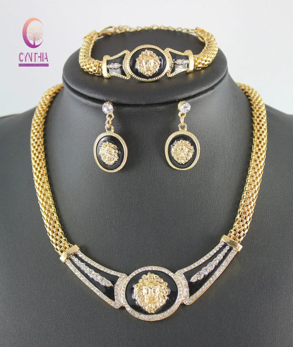 New Vintage Lion Head Myth Medusa Pendant Earrings Bangle Gold Plated Rhinestone Fashion Jewelry Set