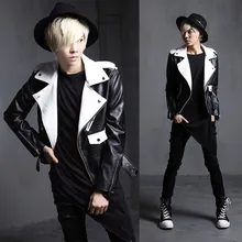 Мужская одежда тонкий модный диджейский костюм стилист волос черный белый шить локомотивная кожаная куртка пальто певица костюмы