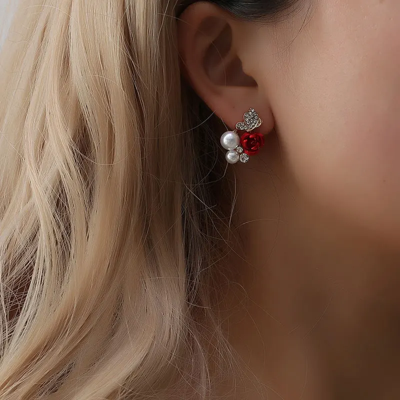 

TTLIFE Stylish Red Rose Flower Stud Earrings Imitation Pearl Earring Crystal Beautiful Gold Jewelry for Women pendientes mujer