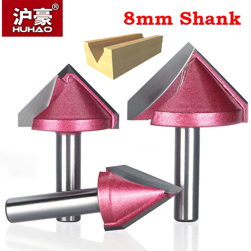  HUHAO 8mm shank V Bit CNC solid carbide end mill 3D Router Bits for Wood 60 90 120 150 deg tungsten