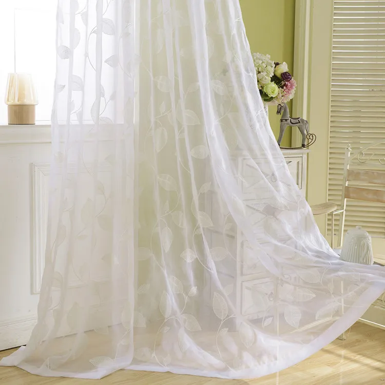 

Tulle Sheer Yarn Curtains for Living Dining Room Bedroom White Large Leaves Encrypt Embroidered Window Screen Finished Product A