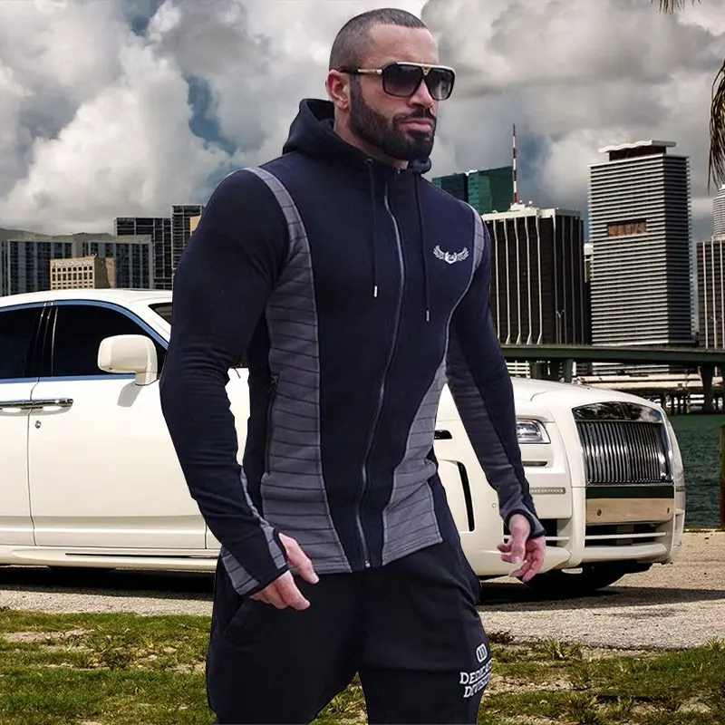 

New Gyms Fashion Men Hoodies Line color Patchwork Quality Men Sweatshirt Hoodie Casual Zipper Hooded Jackets