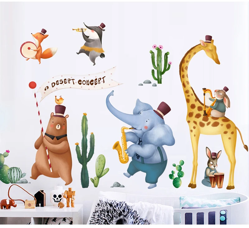 Большая наклейка на стену с изображением слона, жирафа, медведя ...