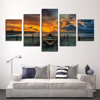 

HD Prints Pictures Framework Living Room Canvas Poster 5 Pieces Sunset Seaview Boat Sailing Ship Painting Home Wall Art Decor