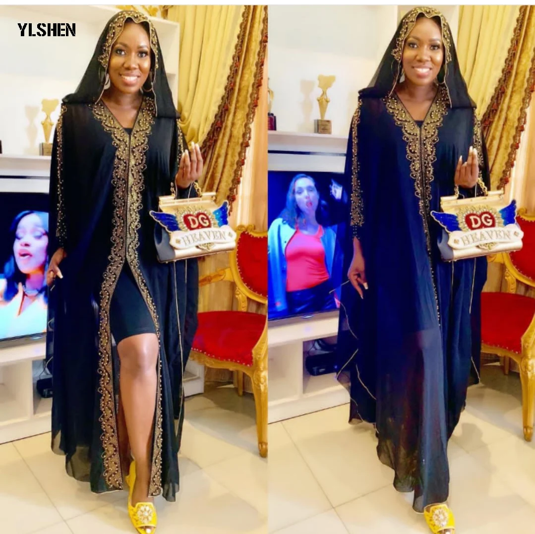 

2019 Hooded Summer African Dresses for Women Chiffon Abaya Robe Femme Plus Size Split Black Dress with Elastic Inner Wear 2 PCS