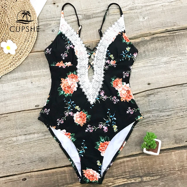 {Excellent|Wonderfull|Very Good|Very Recommended} CUPSHE Floral Print Lace One-Piece Swimsuit Women V-neck Backless Monokini Bathing Suits 2019 Girl Sexy Swimwear Cheap Price