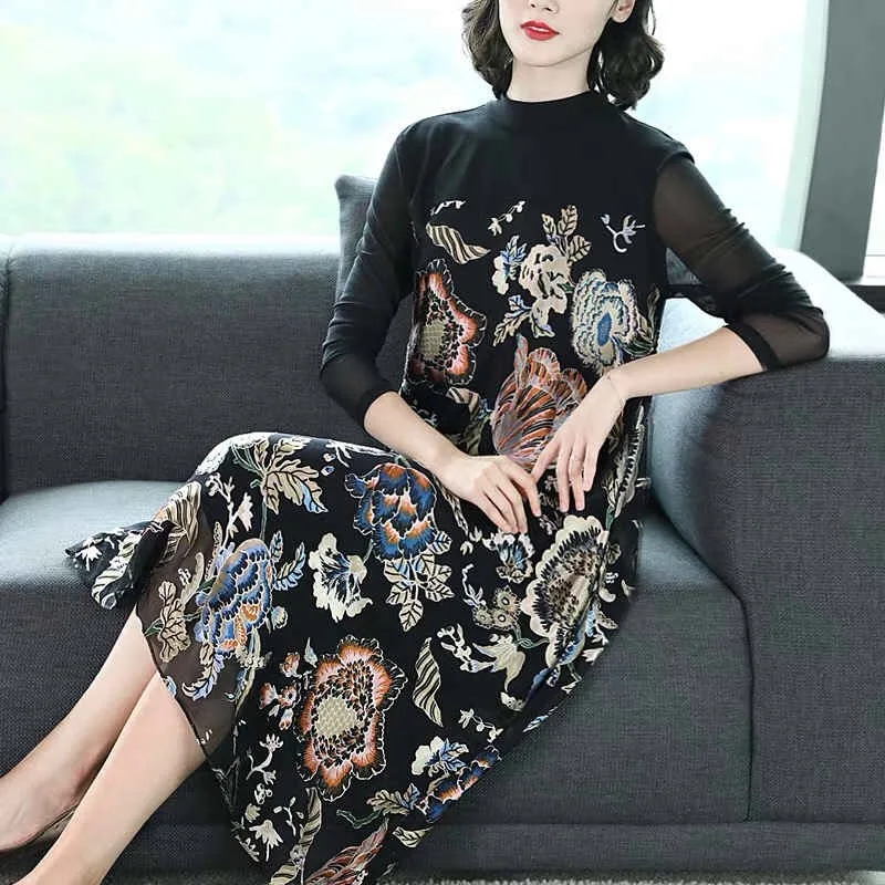 

Spring Fall Womens Patchwork Black Mesh Floral Printed Dress , Women Female Long Sleeve Flower Pattern Elegant Loose Dresses