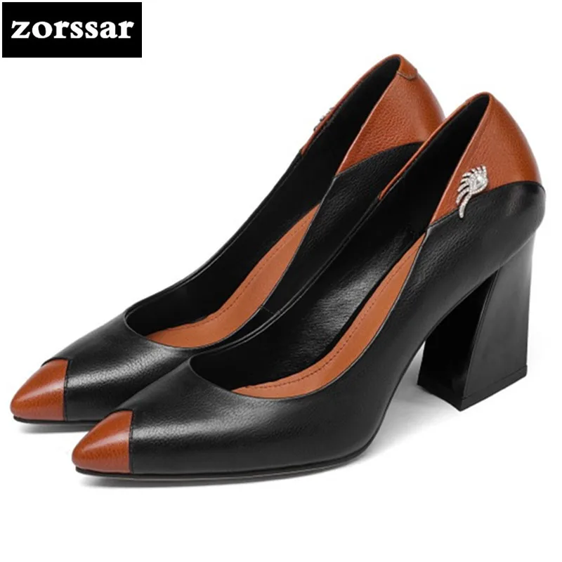 

{Zorssar} 2018 new fashion women's shoes Shallow Genuine Leather thick heel Pointed toe High heels pumps ladies dress shoes