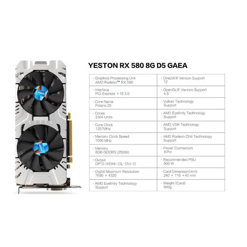 Yeston RX580 8G 256bit GDDR5 PCI-Express 3,0 игровой настольный компьютер ПК видеокарты Поддержка DVI-D HDMI DP VSR настольный компьютер