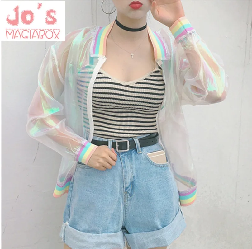 

Harajuku bomber color Women Jacket Coats Laser Rainbow Symphony Hologram Coat Clear Iridescent Transparent Jersey Jacket