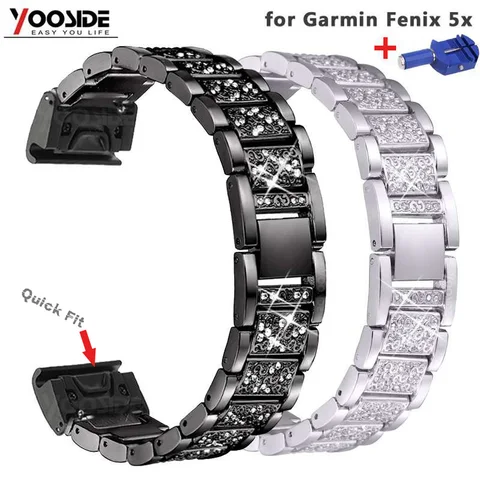 Relógio de Substituição Pulseira para Garmin Ajuste Rápido Metal Strass Bling Bandas Ajustável Fenix 5x – 3 Não Apto Fenix5 5s Feminino 26mm