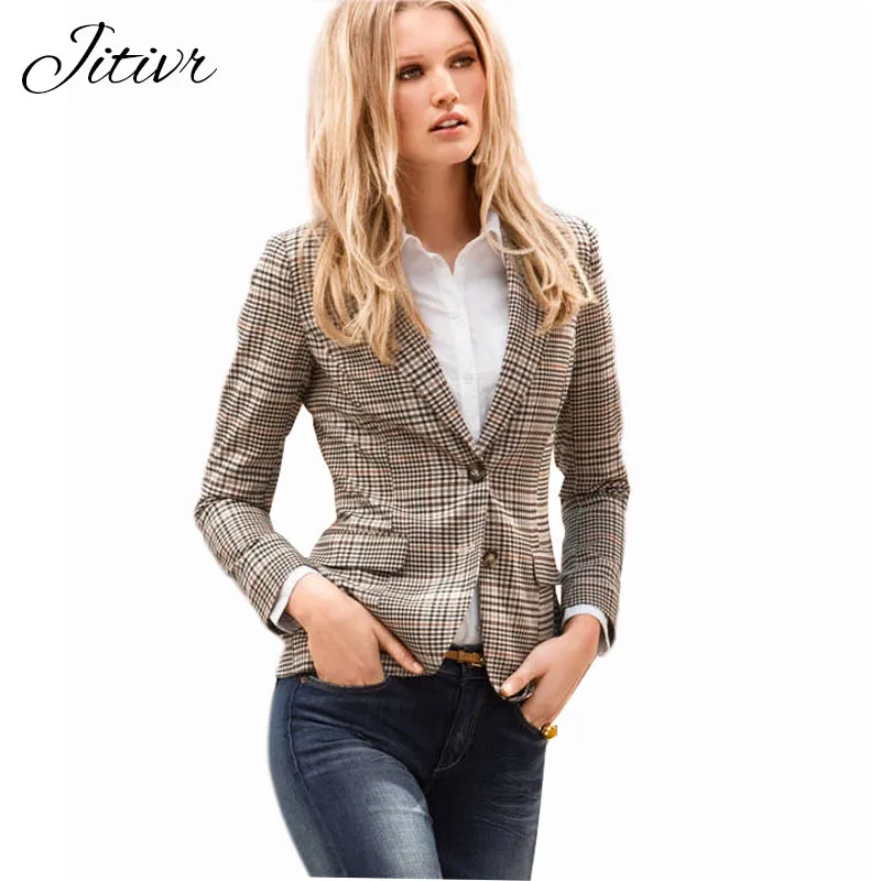 Autumn Women New Suit Coats 2017 Ladies Slim Suit Sleeves Female Plaid