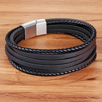 TYO Multi-Layer Of Genuine Leather Bracelet For Male Magnetic Clasp Black/Brown Color Braided Bracelet&Bangle For Birthday Gift