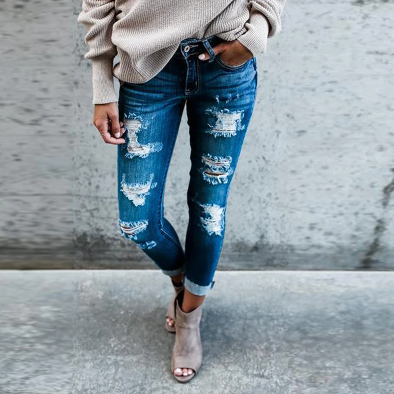 Джинсы для женщин стиль джинсы брюки девочек новая мода для Талия 2019 бойфренд Mid карман Узкие рваные осень хлопок повседневное