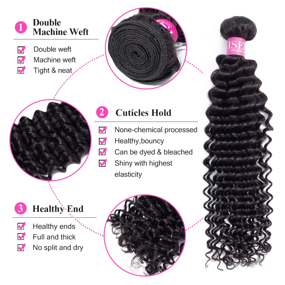 Baratos Mechones de onda profunda con cierre cabello ISEE con cierre mechones de cabello humano con mechones de tejido Frontal brasileño con cierre