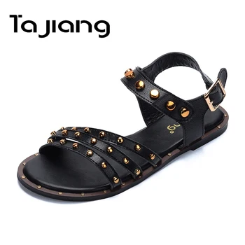 

Ta Jiang Genuine Cow Leather Gold Rivets Women Sandals Summer Square Heels Women Gladiator Flat Sandals Ladies Beach Shoes Woman