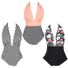 Womens One Piece Bikini Sexy Deep V-Neck Stripes Color Block Monokini Halter Tie High Waist Pleated Swimsuit Backless Beachwear