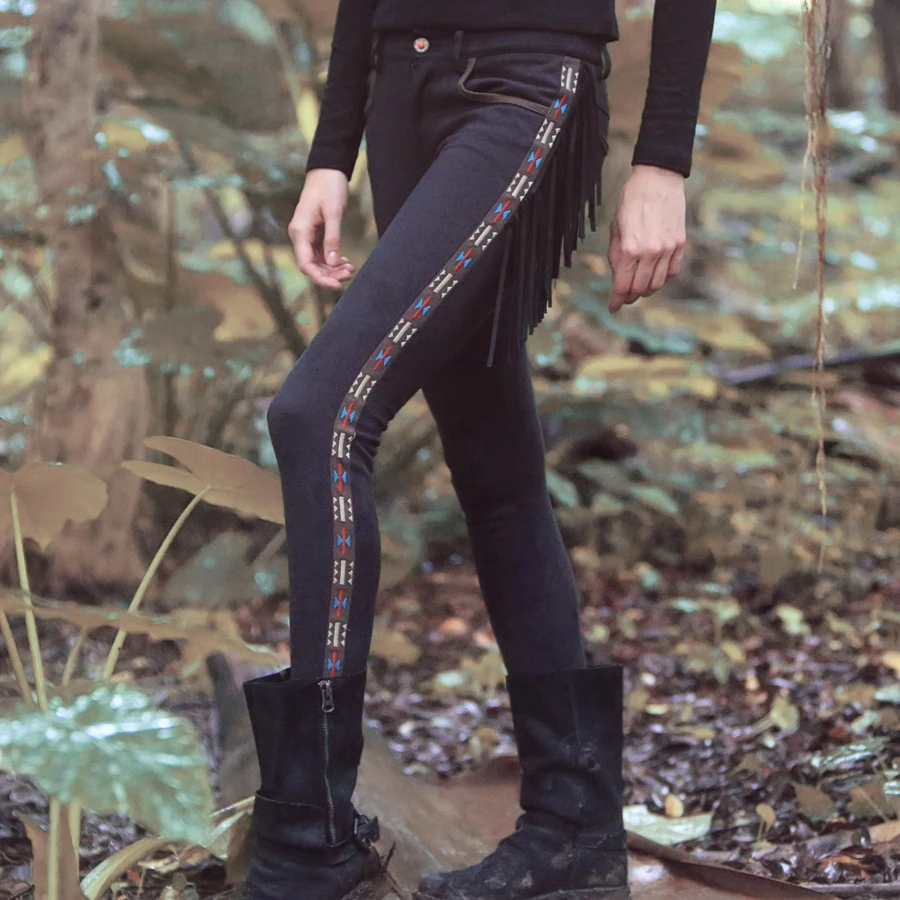 

Aporia.As Original Design Spring Autumn Women Hippie Boho Vintage Tassel Slim Suede Pants Embroidery Skin Faux Leather Trousers