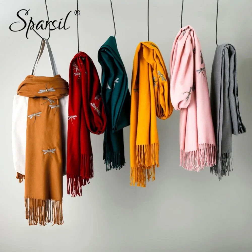 Goede Sparsil Vrouwen Kasjmier Sjaal Animal Borduren Effen Kleur Kwastje Sjaals Warme Dikke Zachte Winter Hijab Shawl Drop Verzending