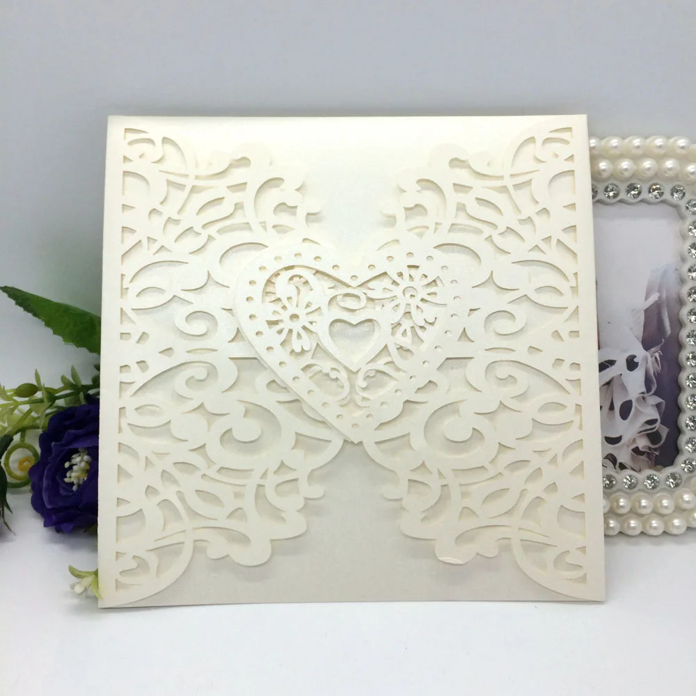  20pcs Delicate Iridescent Pearl Paper Wedding Invitation Card Hollow Out Heart Pattern Carved Craft - 32761058953