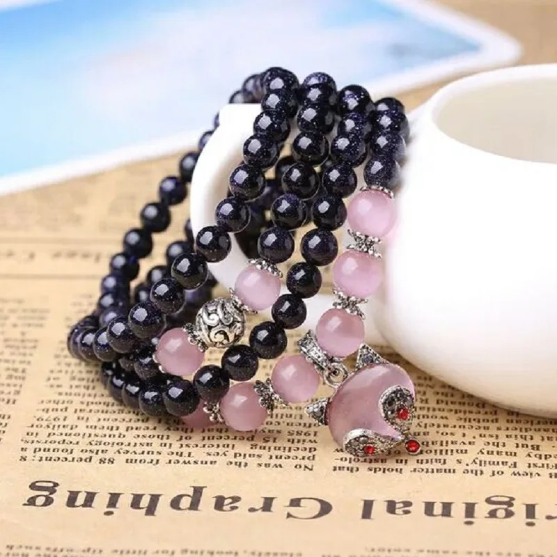 

New Arrival Hand Made Natural Blue Sand Stone 108 Mala Beads Bracelet Pink Cat's Eye Stone Beads Fox Pendant Female Bracelet