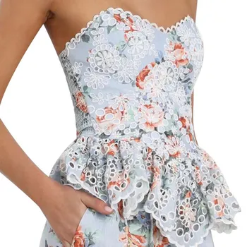 

Women Off Shoulder Print Shirt Backless Irregular Summer Lace Hollow Out Ruffle Blouse Sleeveless Party Top