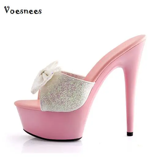 

Women Shoes Slides 2019 Summer Sexy High Heels 15cm Butterfly-knot Wedding Shoes Thin Heels Waterproof Platform Sandals