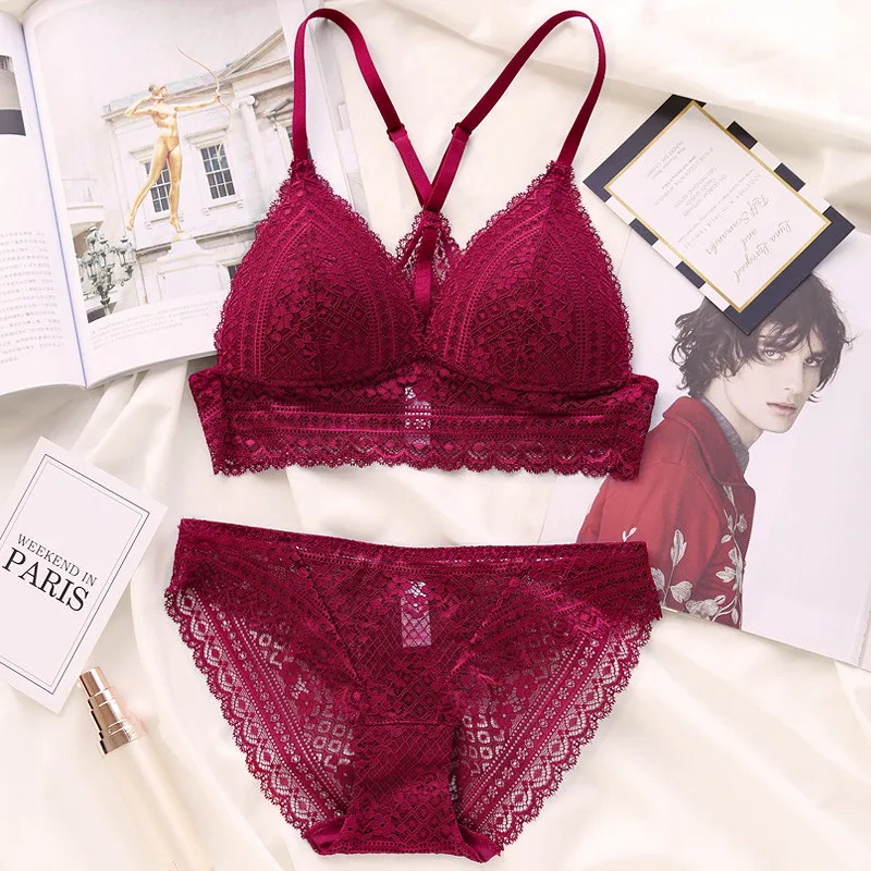 New Young Girl Seamless Vest Bra Set Plus Size 38 36 Ultrathin Cotton Women Lingerie Sexy Embroidery Lace Underwear Sets Black