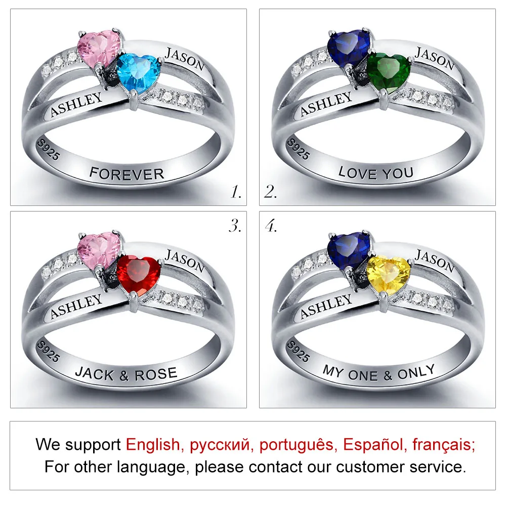 Personalized Engrave Birthstone Couple Heart 925 Sterling Silver Love Promise Wedding Ring Free Gift Box (JewelOra RI102000)