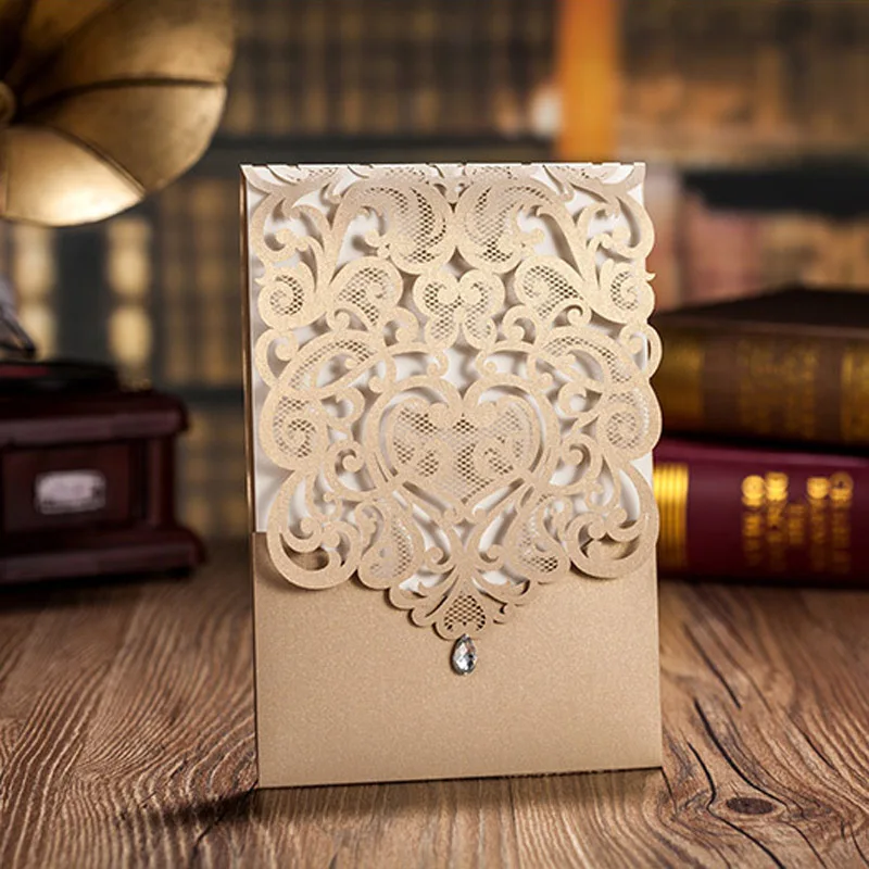 10pcs Gold White Rhinestone Laser Cut Flower Elegant Engagement card font b Wedding b font Invitation